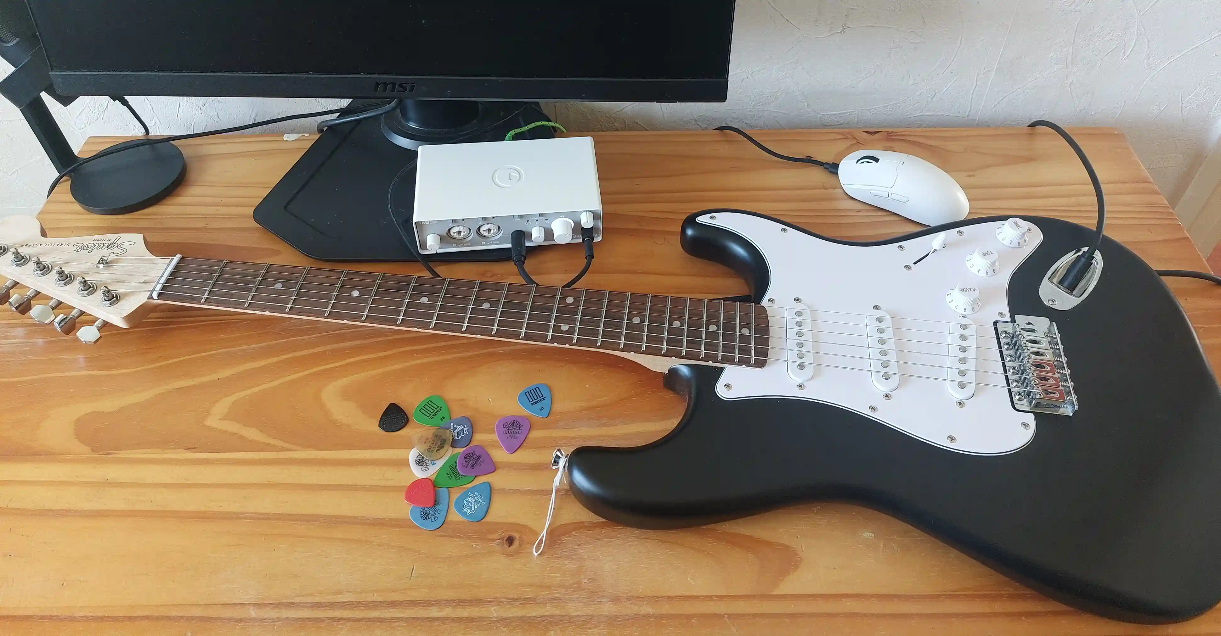 Guitar ; audio interface ; cable ; picks. In total, I'm under 200$. I'm still missing a strap and a capo though.