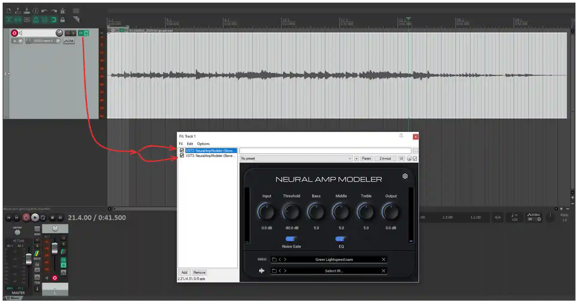 Reaper's interface with the same two NAM plugins
